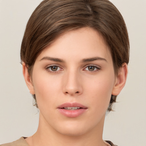 Neutral white young-adult female with short  brown hair and brown eyes