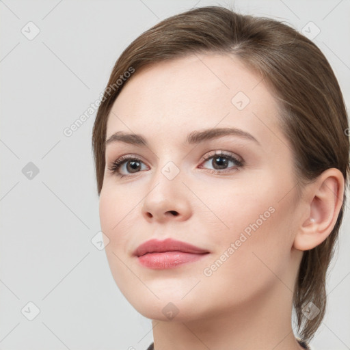 Neutral white young-adult female with long  brown hair and grey eyes