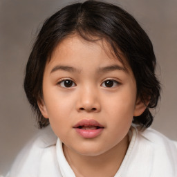 Joyful white child female with medium  brown hair and brown eyes