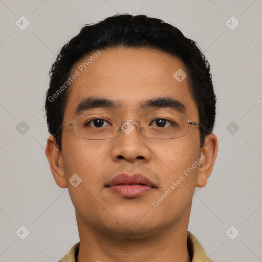 Neutral asian young-adult male with short  black hair and brown eyes