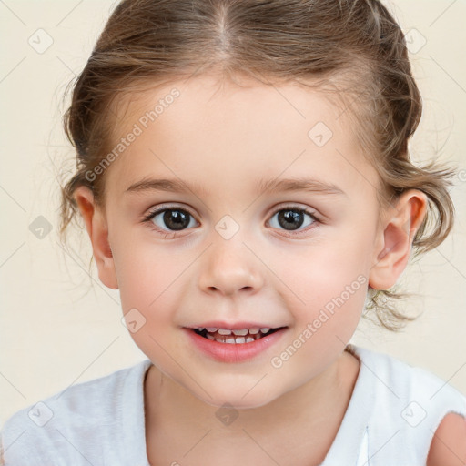 Joyful white child female with medium  brown hair and brown eyes