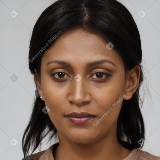 Joyful asian young-adult female with medium  black hair and brown eyes