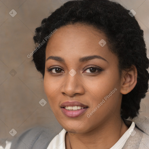 Joyful black young-adult female with medium  black hair and brown eyes