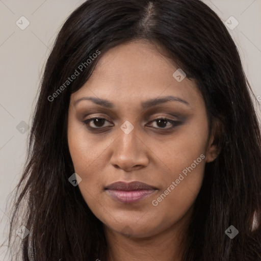 Joyful asian young-adult female with long  brown hair and brown eyes