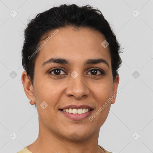 Joyful latino young-adult female with short  brown hair and brown eyes