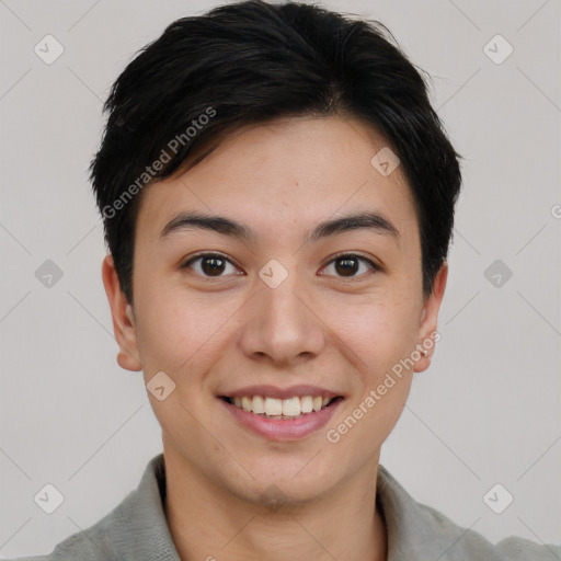 Joyful asian young-adult female with short  brown hair and brown eyes