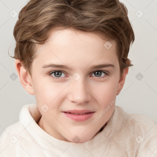 Joyful white child female with short  brown hair and grey eyes