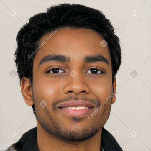 Joyful black young-adult male with short  black hair and brown eyes