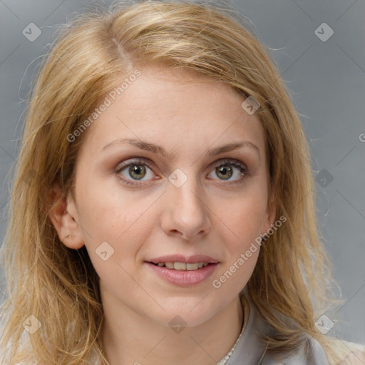 Joyful white young-adult female with medium  brown hair and blue eyes