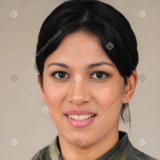 Joyful asian young-adult female with medium  brown hair and brown eyes