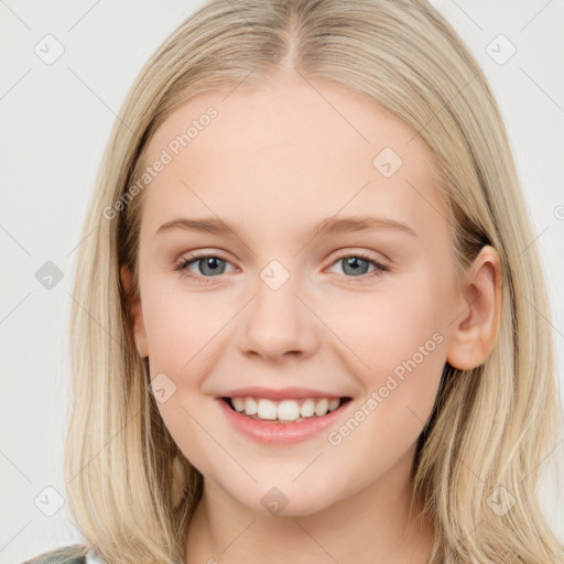 Joyful white young-adult female with long  brown hair and blue eyes