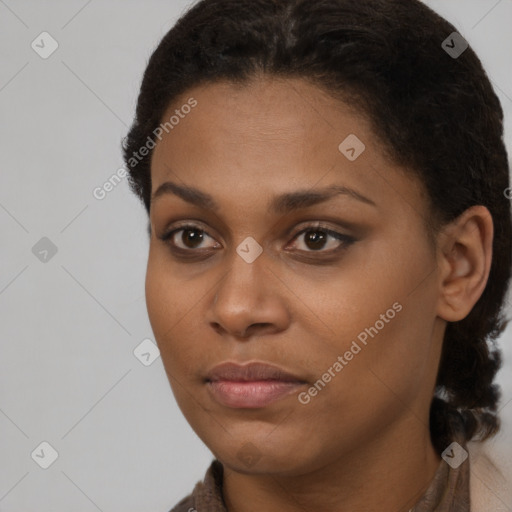 Neutral black young-adult female with short  brown hair and brown eyes