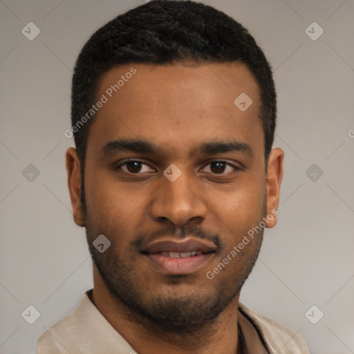 Joyful latino young-adult male with short  brown hair and brown eyes