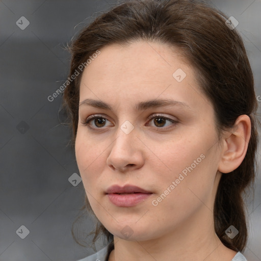 Neutral white young-adult female with medium  brown hair and brown eyes