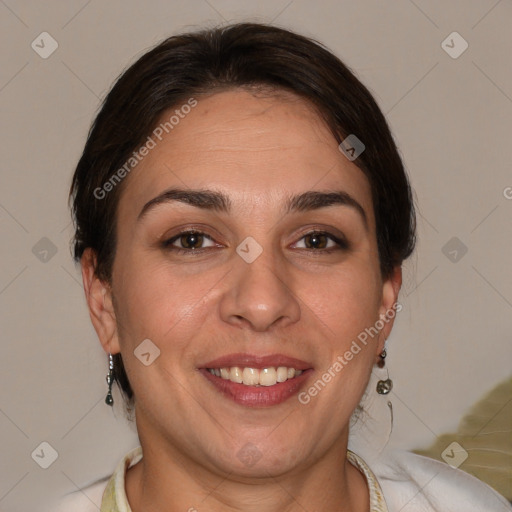 Joyful white adult female with short  brown hair and brown eyes