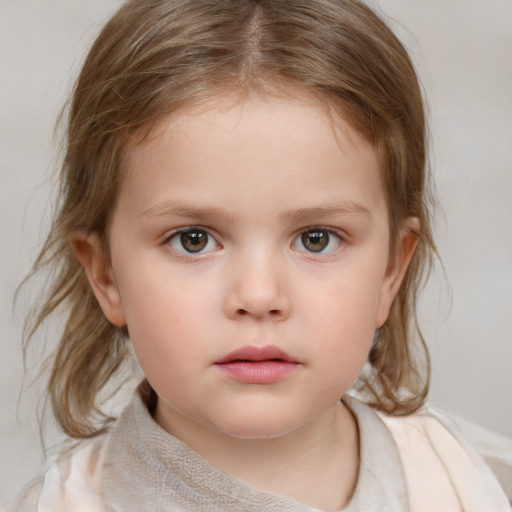 Neutral white child female with medium  brown hair and blue eyes