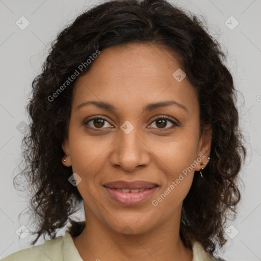 Joyful black young-adult female with medium  brown hair and brown eyes