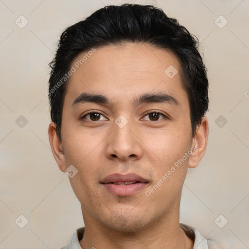 Neutral asian young-adult male with short  black hair and brown eyes