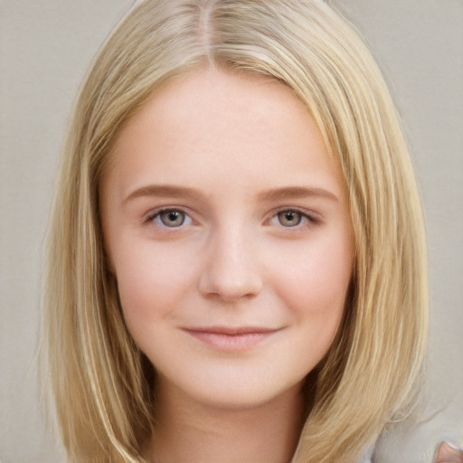 Joyful white child female with long  brown hair and brown eyes