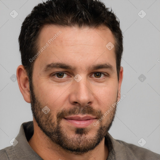 Neutral white young-adult male with short  brown hair and brown eyes