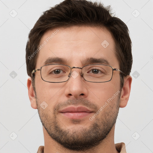 Neutral white young-adult male with short  brown hair and brown eyes