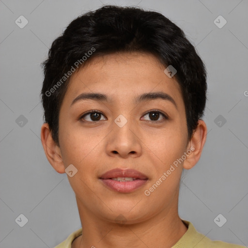 Joyful asian young-adult female with short  brown hair and brown eyes