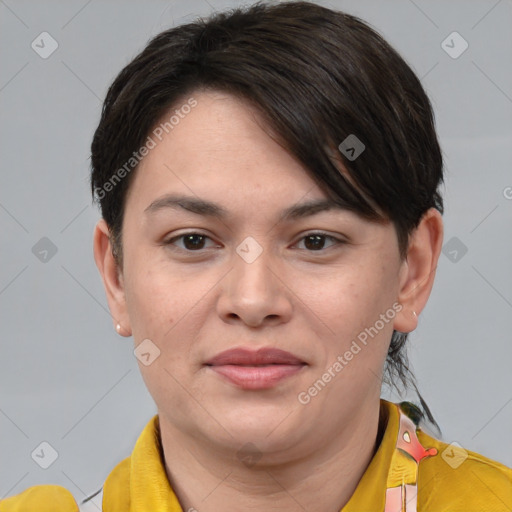 Joyful white young-adult female with short  brown hair and brown eyes