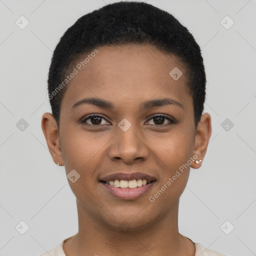 Joyful latino young-adult female with short  brown hair and brown eyes