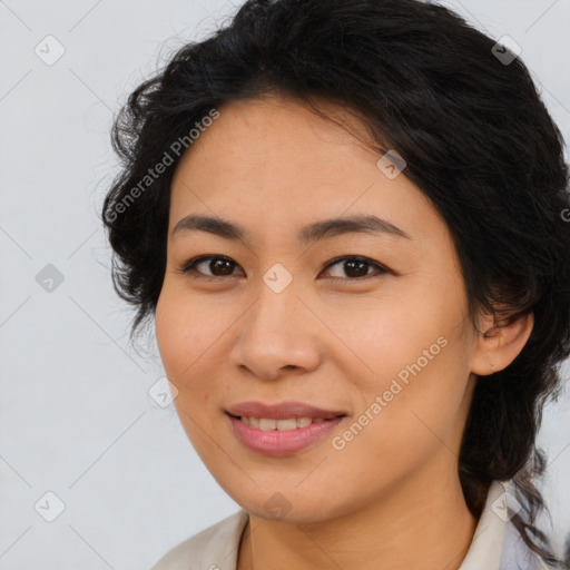 Joyful asian young-adult female with medium  brown hair and brown eyes