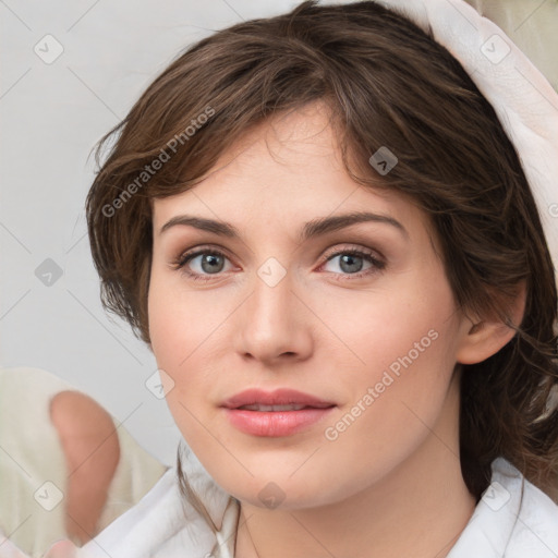 Neutral white young-adult female with medium  brown hair and brown eyes