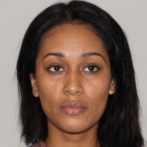 Neutral asian young-adult female with long  black hair and brown eyes