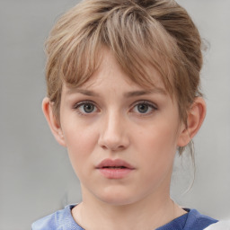 Neutral white young-adult female with medium  brown hair and grey eyes