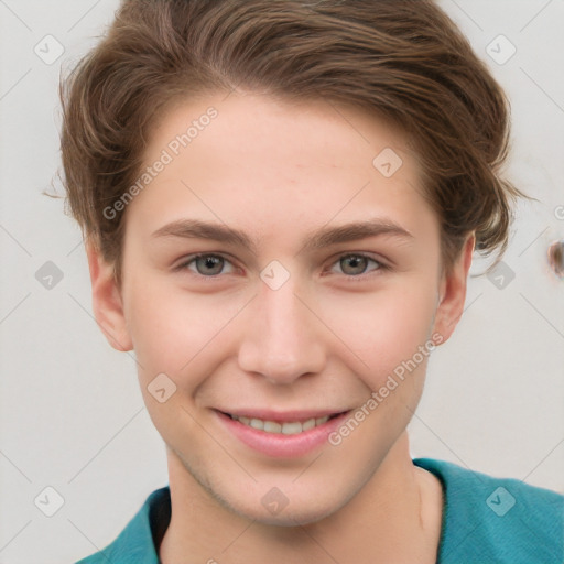 Joyful white young-adult female with short  brown hair and grey eyes