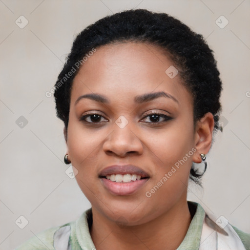 Joyful latino young-adult female with short  black hair and brown eyes