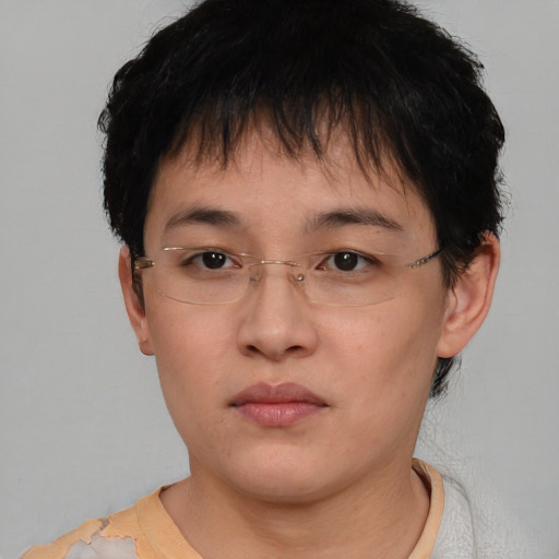 Neutral asian young-adult female with short  brown hair and brown eyes