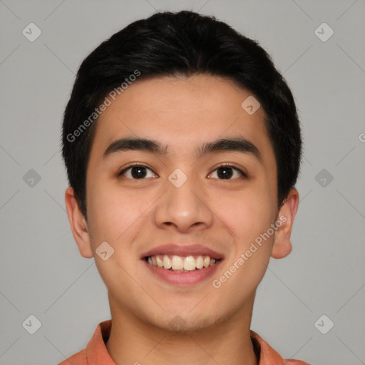 Joyful white young-adult male with short  black hair and brown eyes