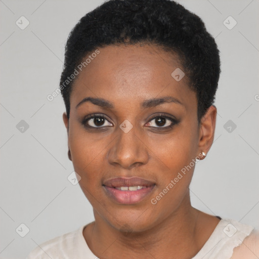 Joyful black young-adult female with short  black hair and brown eyes