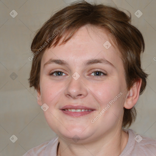 Joyful white young-adult female with medium  brown hair and blue eyes