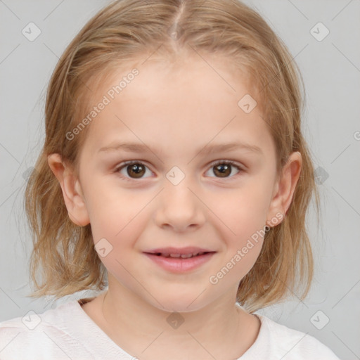 Joyful white child female with medium  brown hair and brown eyes