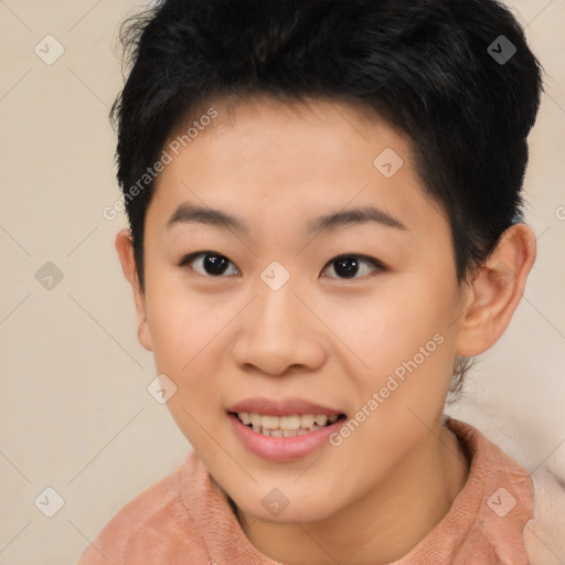 Joyful asian young-adult female with short  black hair and brown eyes