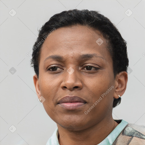 Neutral black adult female with short  brown hair and brown eyes