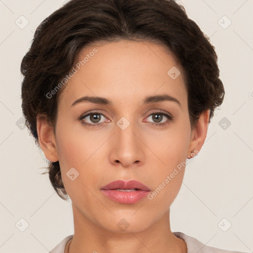 Neutral white young-adult female with short  brown hair and brown eyes