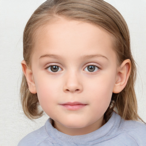 Neutral white child female with medium  brown hair and blue eyes