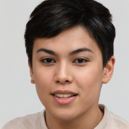 Joyful asian young-adult female with short  black hair and brown eyes