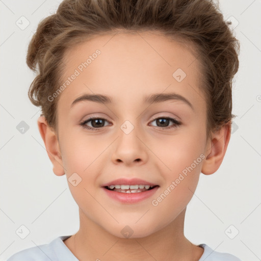 Joyful white child female with short  brown hair and brown eyes