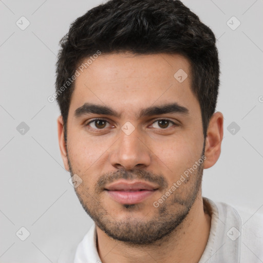 Neutral white young-adult male with short  black hair and brown eyes