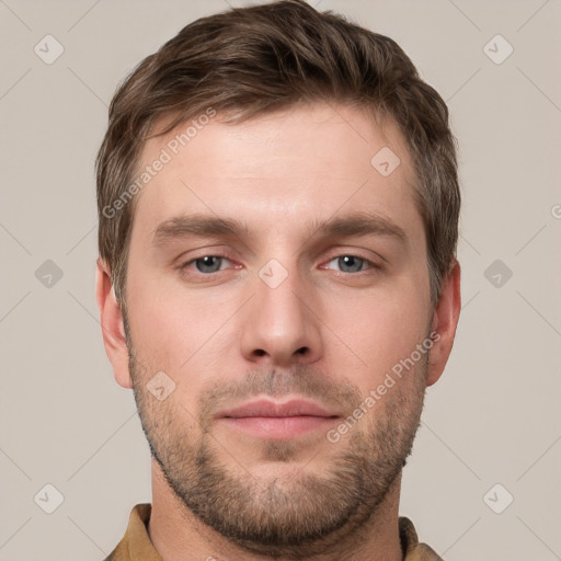 Neutral white young-adult male with short  brown hair and grey eyes