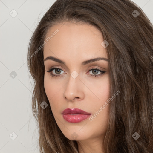 Neutral white young-adult female with long  brown hair and brown eyes