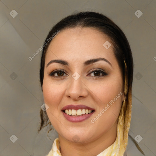 Joyful white young-adult female with medium  brown hair and brown eyes