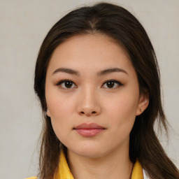 Neutral asian young-adult female with long  brown hair and brown eyes